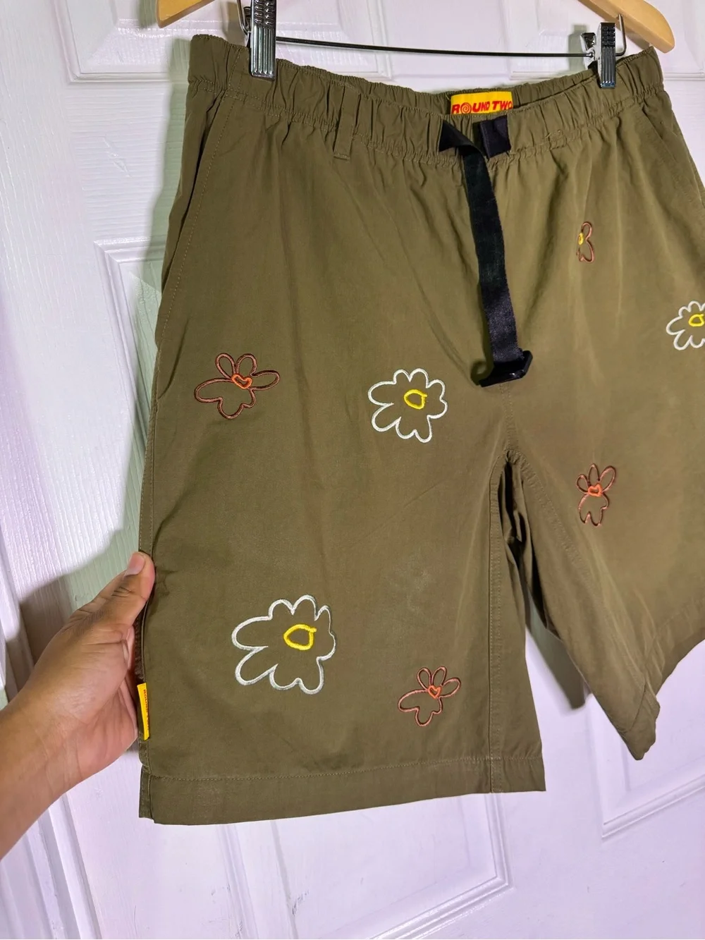 Men's Olive Green Floral Embroidered Athletic Shorts